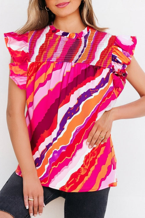Wavy Abstract Print Shirred High Neck Ruffle Sleeve Blouse