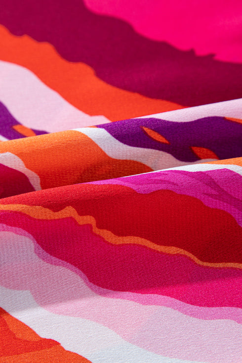 Wavy Abstract Print Shirred High Neck Ruffle Sleeve Blouse