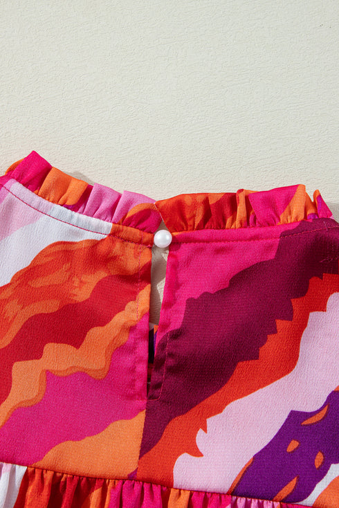 Wavy Abstract Print Shirred High Neck Ruffle Sleeve Blouse