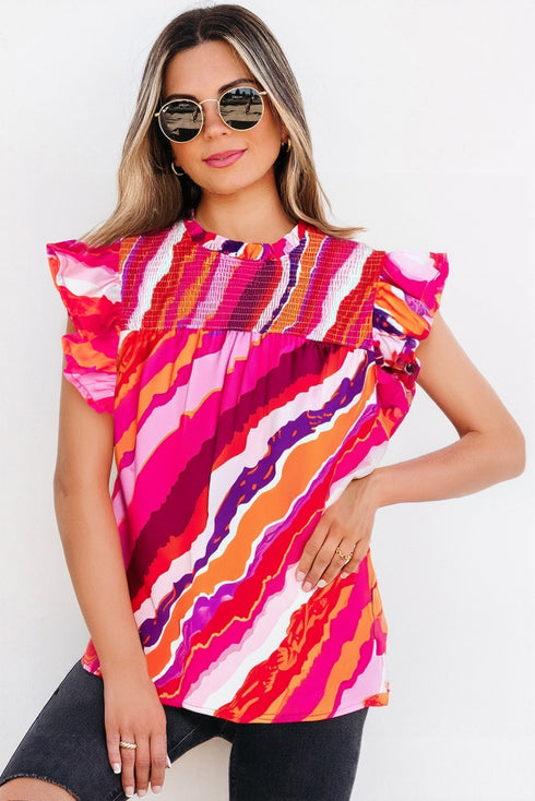 Wavy Abstract Print Shirred High Neck Ruffle Sleeve Blouse