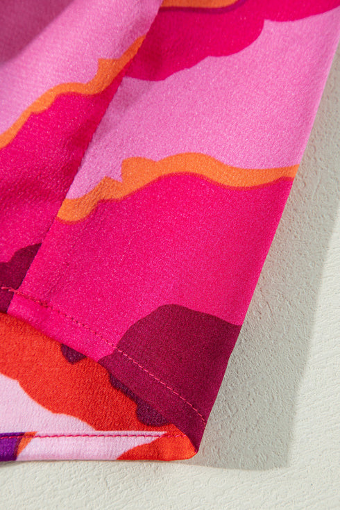 Wavy Abstract Print Shirred High Neck Ruffle Sleeve Blouse