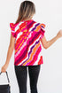 Wavy Abstract Print Shirred High Neck Ruffle Sleeve Blouse