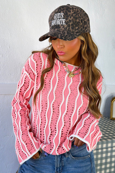 Wavy Hollow Out Knit Long Sleeve Cotton Pullover Sweater
