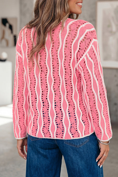 Wavy Hollow Out Knit Long Sleeve Cotton Pullover Sweater