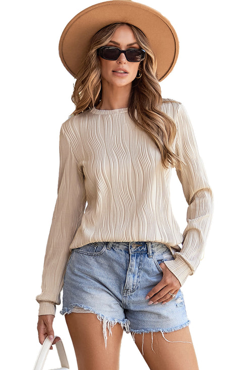Wavy Plissé Texture Crew Neck Long Sleeve Top