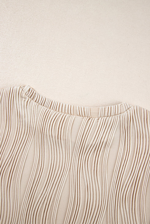 Wavy Plissé Texture Crew Neck Long Sleeve Top