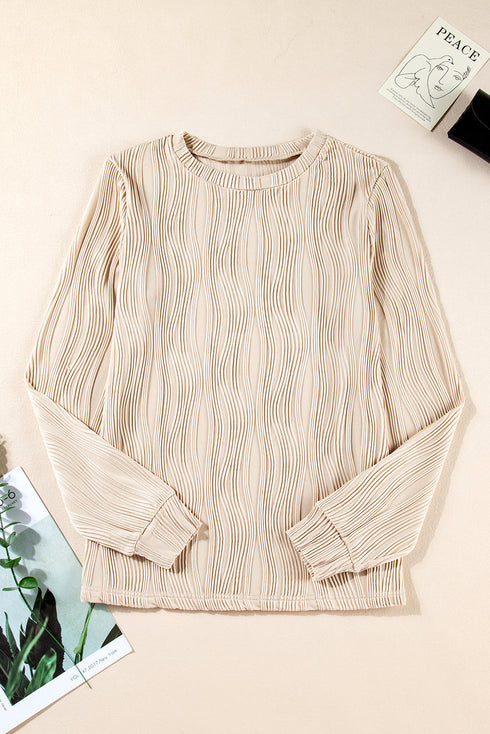 Wavy Plissé Texture Crew Neck Long Sleeve Top