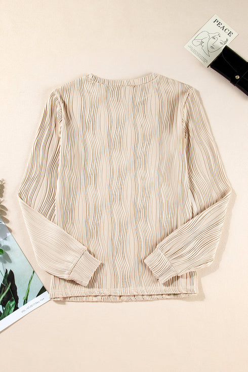 Wavy Plissé Texture Crew Neck Long Sleeve Top