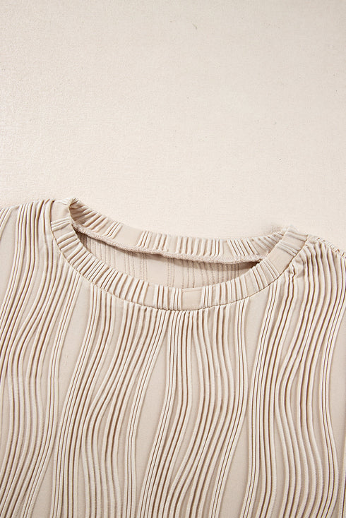 Wavy Plissé Texture Crew Neck Long Sleeve Top