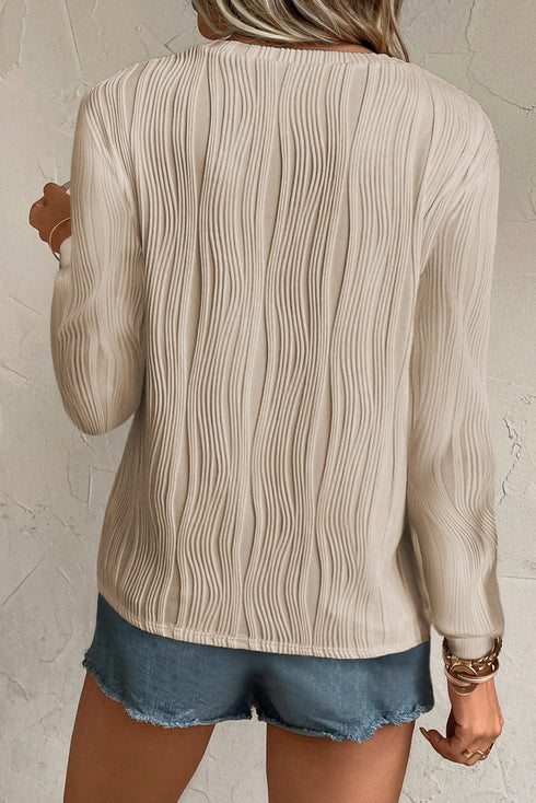 Wavy Plissé Texture Crew Neck Long Sleeve Top