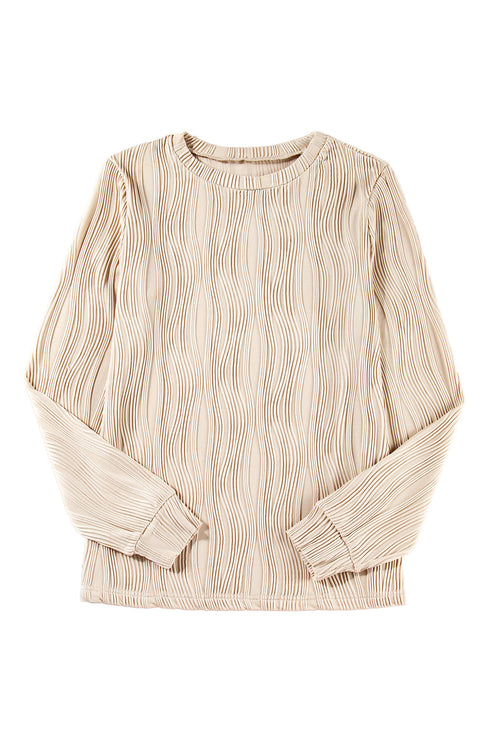 Wavy Plissé Texture Crew Neck Long Sleeve Top