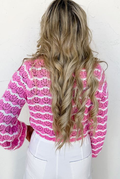 Wavy Pointelle Knit Tie Front Cropped Cardigan