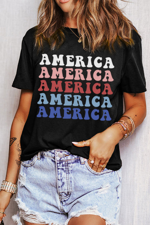 Wavy Stacked America Retro Font Patriotic Short Sleeve Tee