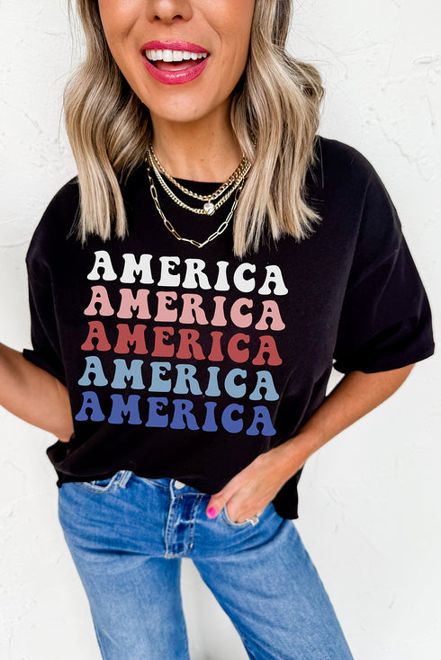 Wavy Stacked America Retro Font Patriotic Short Sleeve Tee