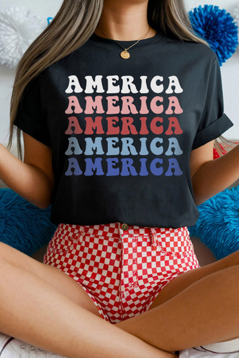 Wavy Stacked America Retro Font Patriotic Short Sleeve Tee