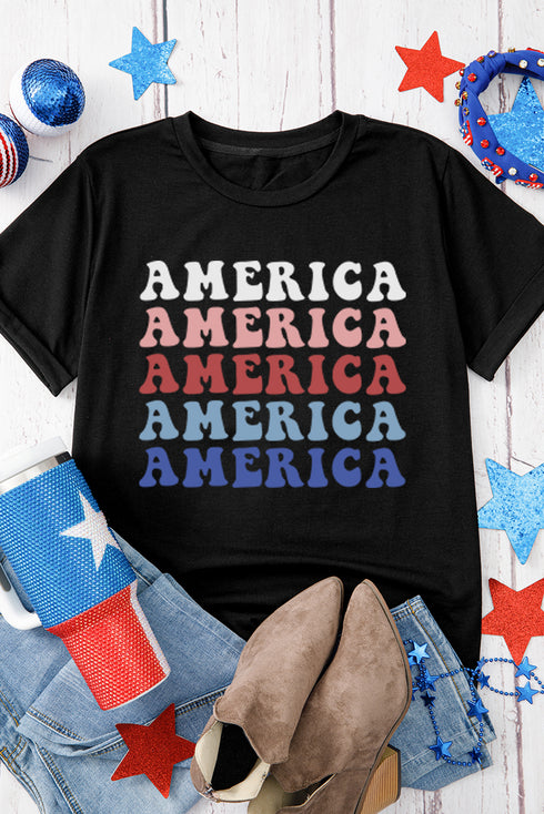 Wavy Stacked America Retro Font Patriotic Short Sleeve Tee