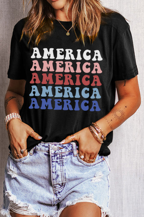 Wavy Stacked America Retro Font Patriotic Short Sleeve Tee