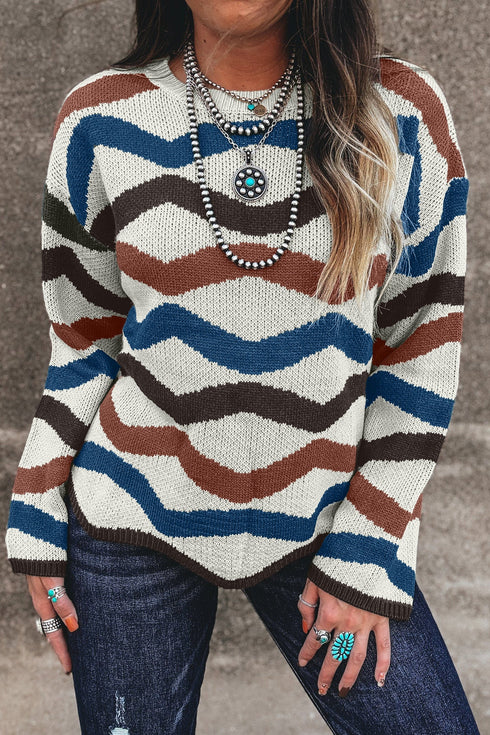 Wavy Stripe Crew Neck Knit Sweater