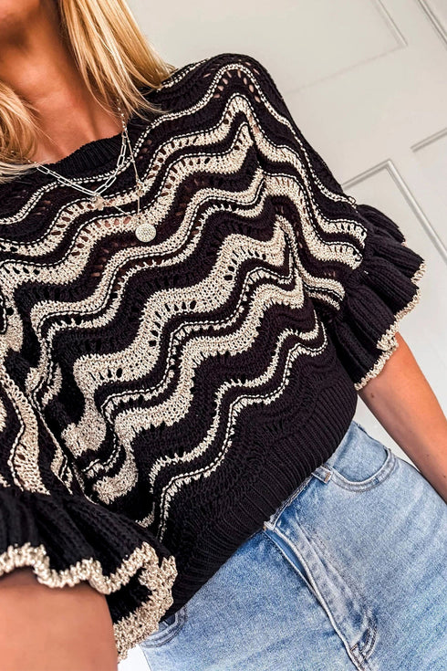 Wavy Stripe Crochet Eyelet Ruffle Short Sleeve Sweater