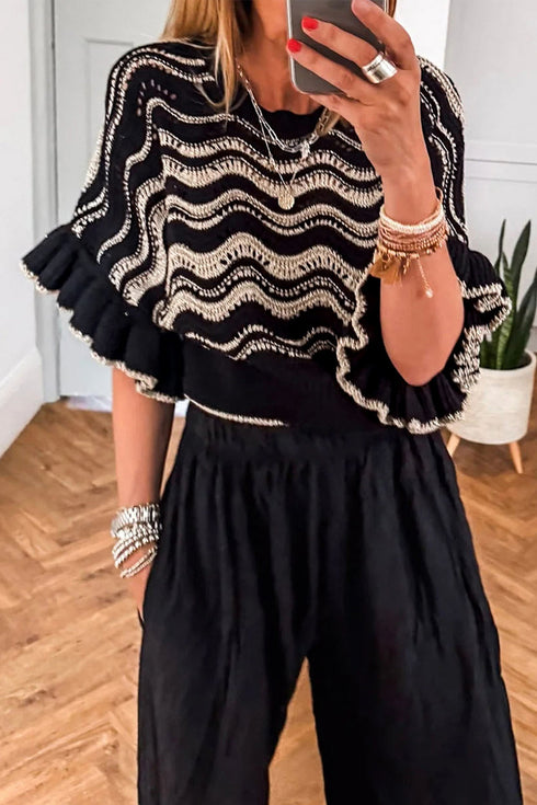 Wavy Stripe Crochet Eyelet Ruffle Short Sleeve Sweater