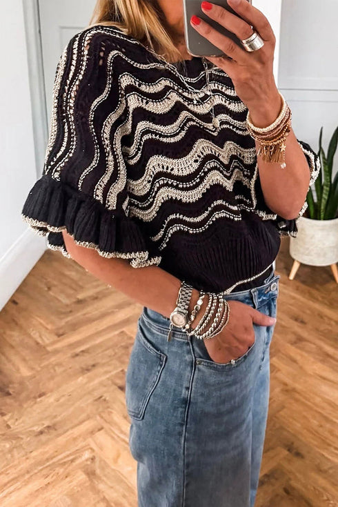 Wavy Stripe Crochet Eyelet Ruffle Short Sleeve Sweater