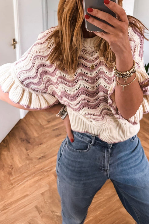 Wavy Stripe Crochet Eyelet Ruffle Short Sleeve Sweater