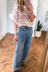 Wavy Stripe Crochet Eyelet Ruffle Short Sleeve Sweater