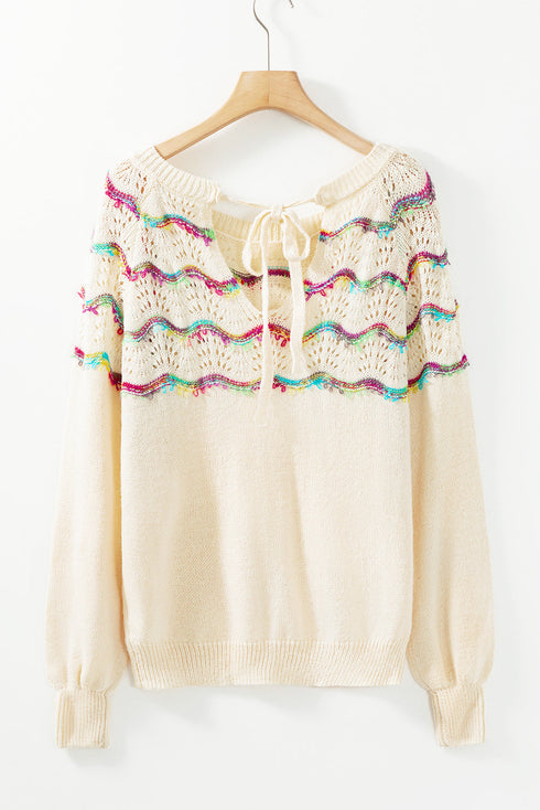 Wavy Stripe Pointelle Knit Crew Neck Sweater