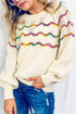 Wavy Stripe Pointelle Knit Crew Neck Sweater