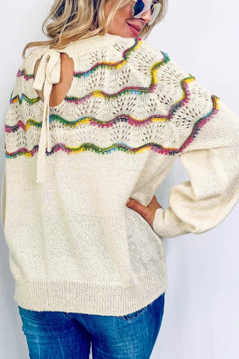 Wavy Stripe Pointelle Knit Crew Neck Sweater