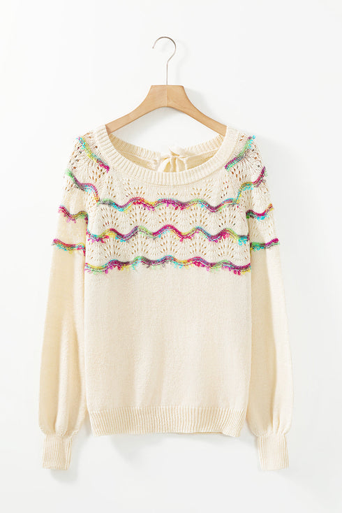 Wavy Stripe Pointelle Knit Crew Neck Sweater