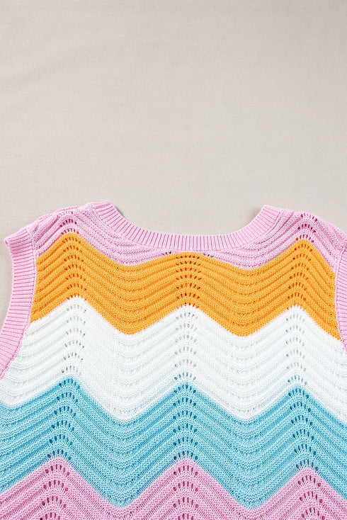 Wavy Stripe Pointelle Knit Sleeveless Sweater Vest