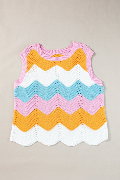 Wavy Stripe Pointelle Knit Sleeveless Sweater Vest