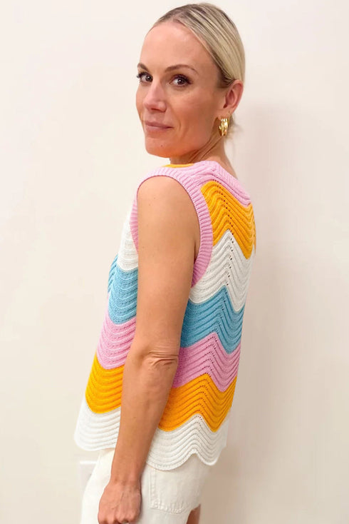 Wavy Stripe Pointelle Knit Sleeveless Sweater Vest
