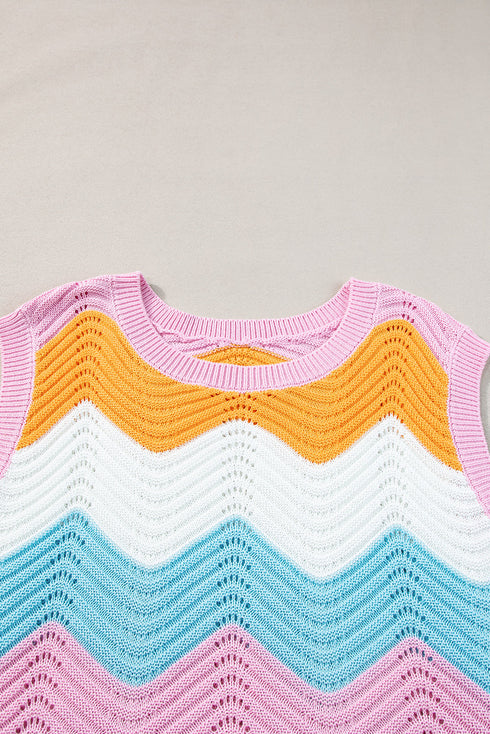 Wavy Stripe Pointelle Knit Sleeveless Sweater Vest