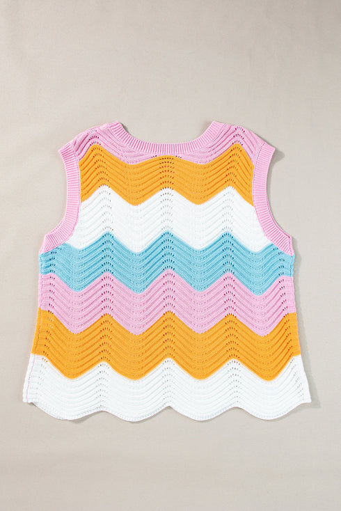 Wavy Stripe Pointelle Knit Sleeveless Sweater Vest