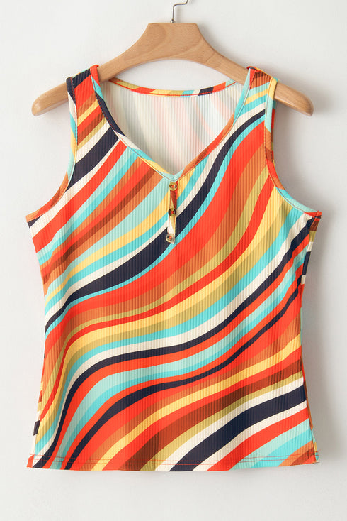Wavy Stripe Print Ribbed Knit Henley Tank Top