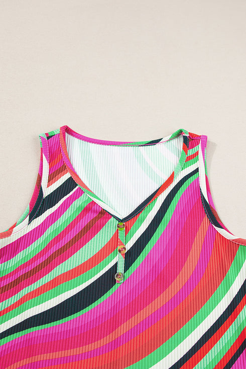 Wavy Stripe Print Ribbed Knit Henley Tank Top