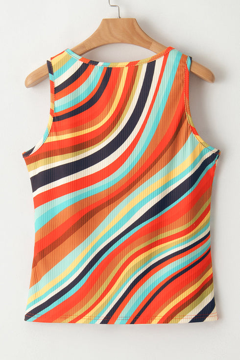 Wavy Stripe Print Ribbed Knit Henley Tank Top
