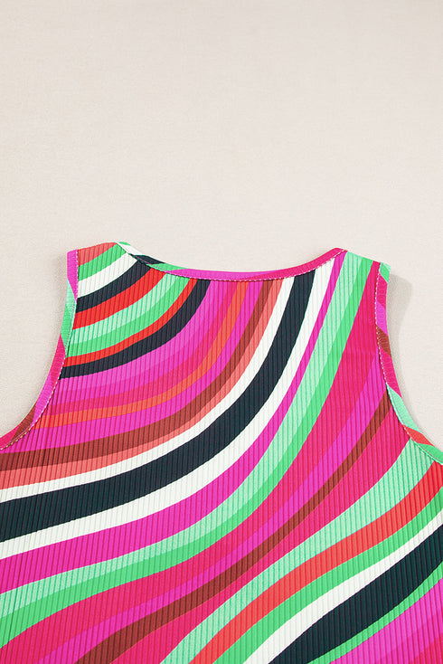 Wavy Stripe Print Ribbed Knit Henley Tank Top