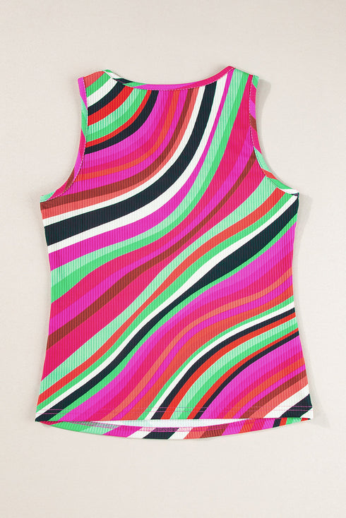 Wavy Stripe Print Ribbed Knit Henley Tank Top