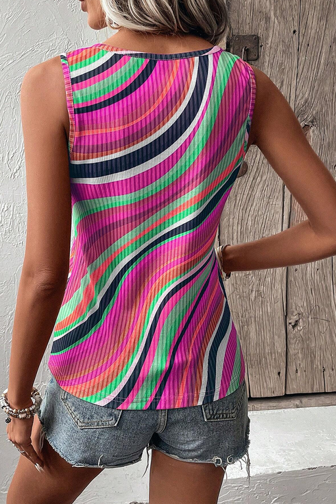 Wavy Stripe Print Ribbed Knit Henley Tank Top