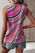 Wavy Stripe Print Ribbed Knit Henley Tank Top