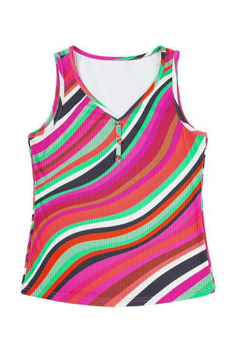 Wavy Stripe Print Ribbed Knit Henley Tank Top