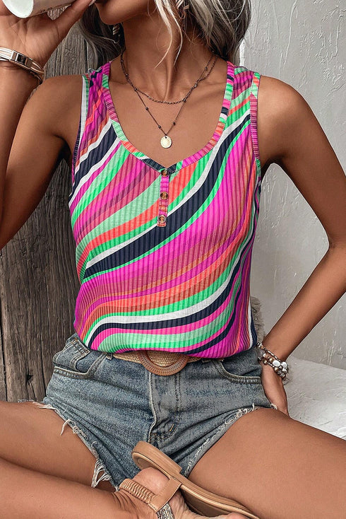 Wavy Striped Buttoned V Neck Tank Top