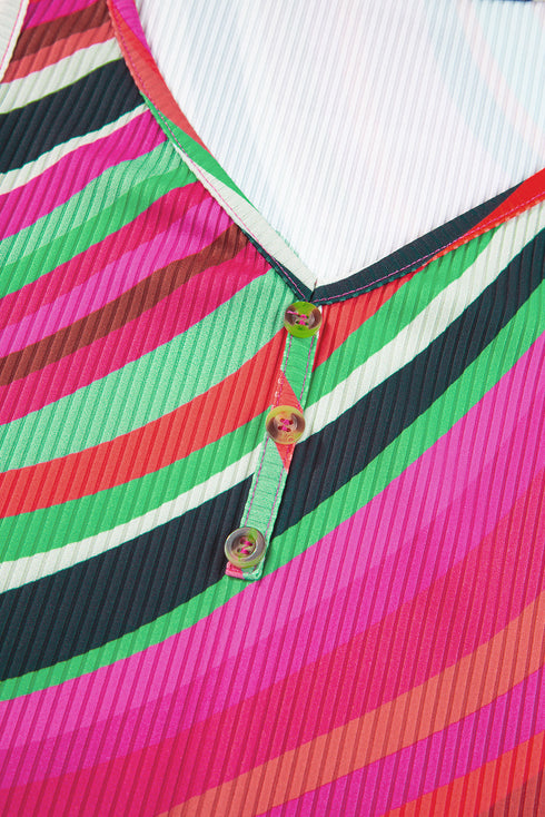 Wavy Striped Buttoned V Neck Tank Top