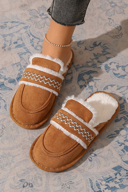 Wavy Striped Suede Texture Plush Lined Slippers