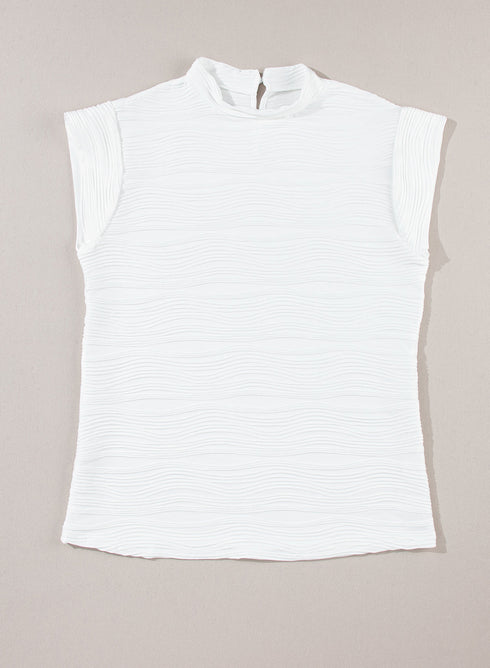 Wavy Textured Mock Neck Cap Sleeve Stretch Top