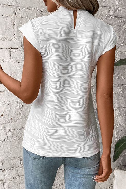 Wavy Textured Mock Neck Cap Sleeve Stretch Top