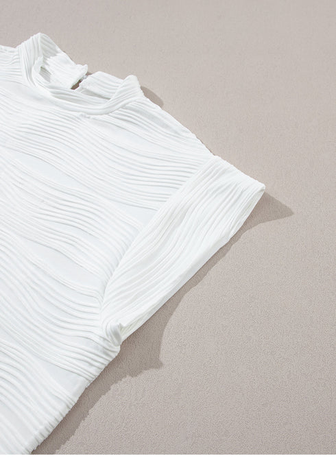 Wavy Textured Mock Neck Cap Sleeve Stretch Top